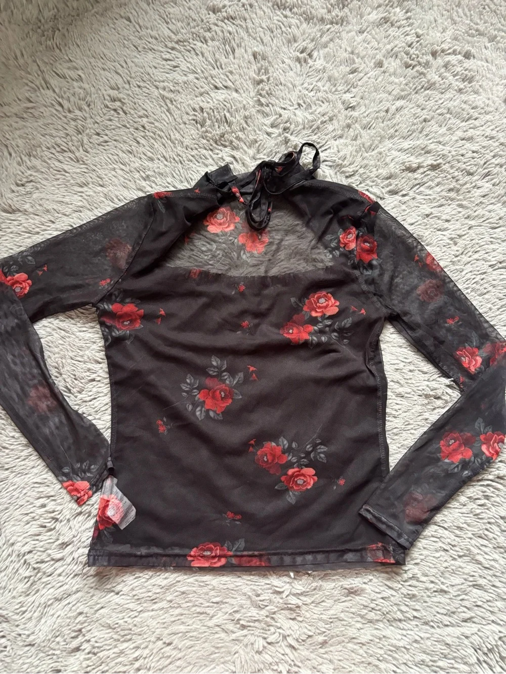 Missguided + Black Sheer Mesh Long-Sleeve Top with Red Rose Print size 4